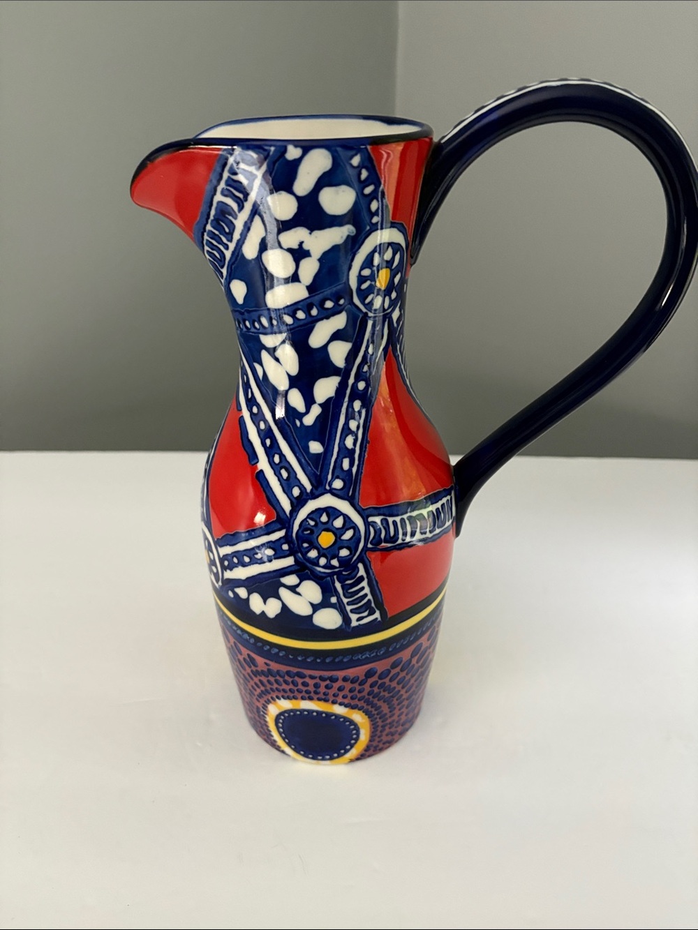 Hand-Painted Red and Blue Ceramic Pitcher - Decorative Home Art